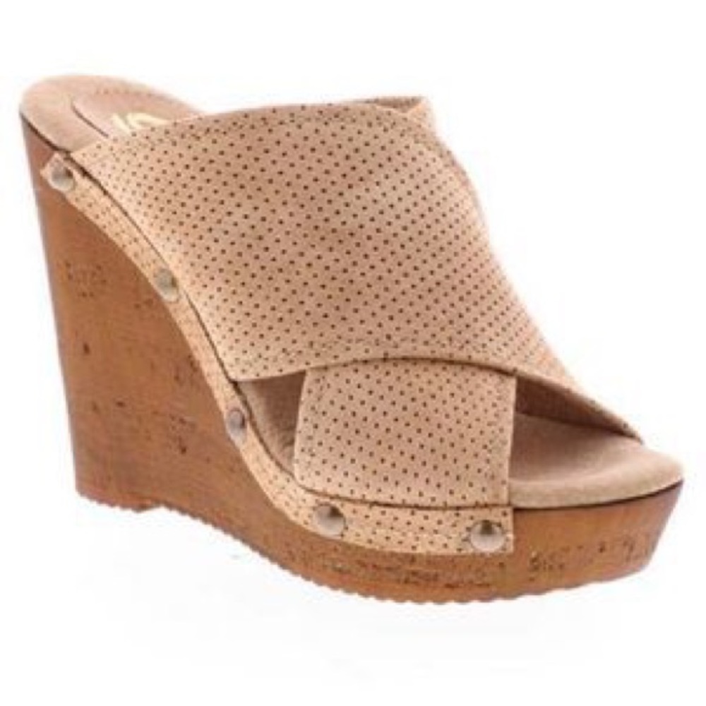 Sbicca tan perforated suede and studded cork wedge heels | Size 9